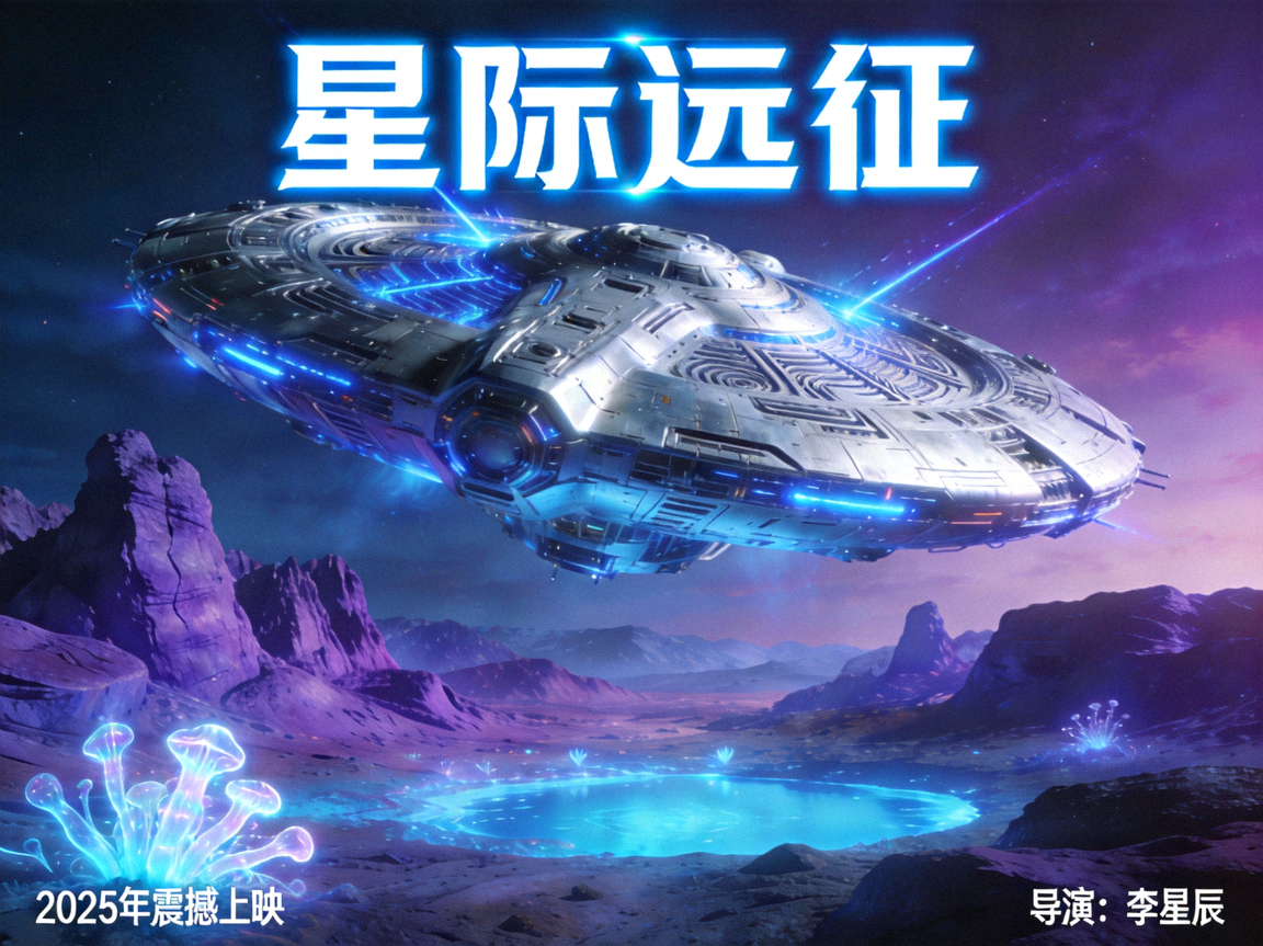 科幻未来世界电影海报，太空飞船与外星景观