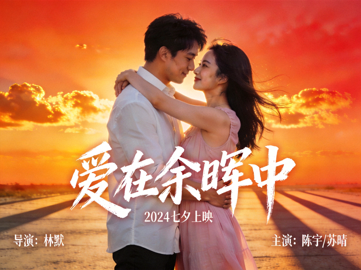浪漫爱情电影海报，男女主角在夕阳下拥抱